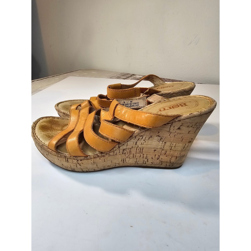 Born Mustard Yellow color Leather Cork Strappy Wedge Sandals Womens 8